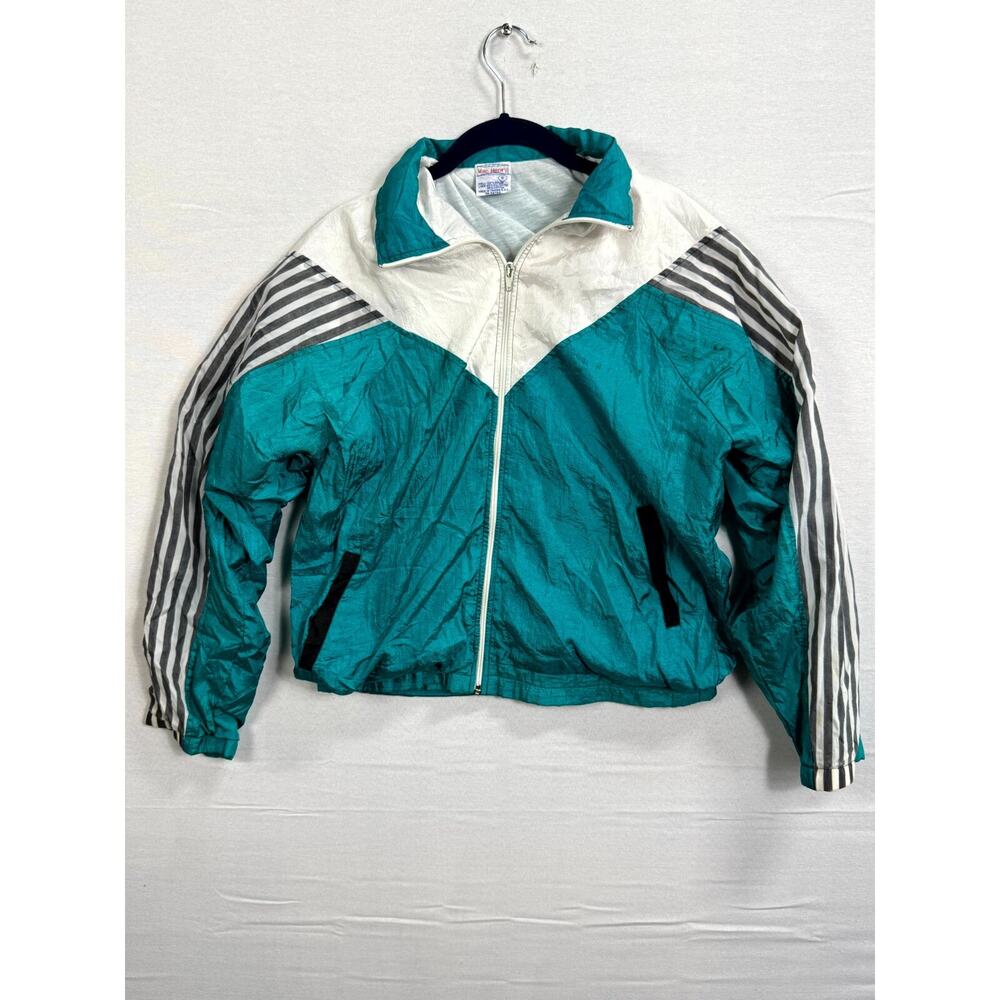 Vintage Mac Henry Windbreaker Jacket Women Small Teal White Raglan Sleeve Zip Up